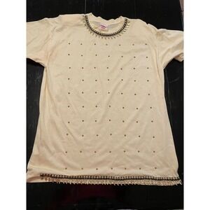 Super Line Embellished Cream T Shirt One Size USA Made Beaded Fringe Top